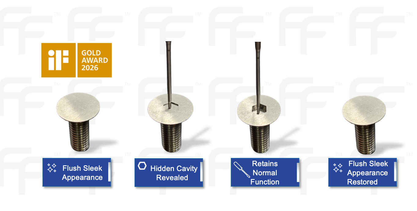 F-head 4-step sequence: flush sleek appearance, hidden cavity revealed, retains normal function, flush appearance restored — iF Gold Award 2026