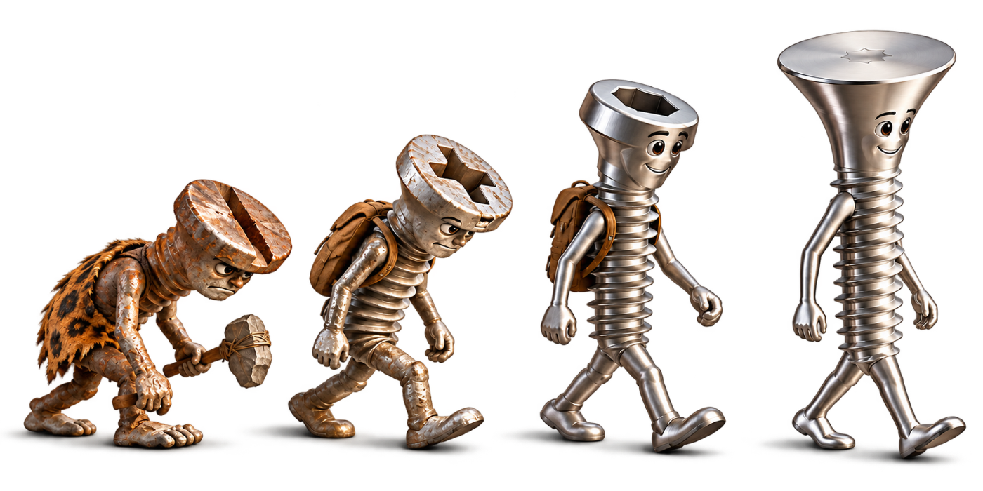 The evolution of the screw head: a rusted slotted caveman, a Phillips head, a hex socket, and finally Flush, the flush-mounted Flush Fasteners® screw, walking upright.