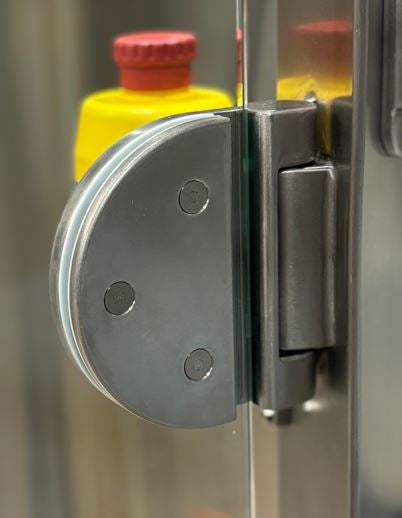 Stainless steel glass-door hinge with three flush fasteners